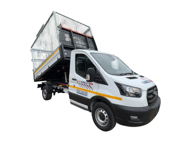 Cutout image of a white Ford caged tipper van for hire