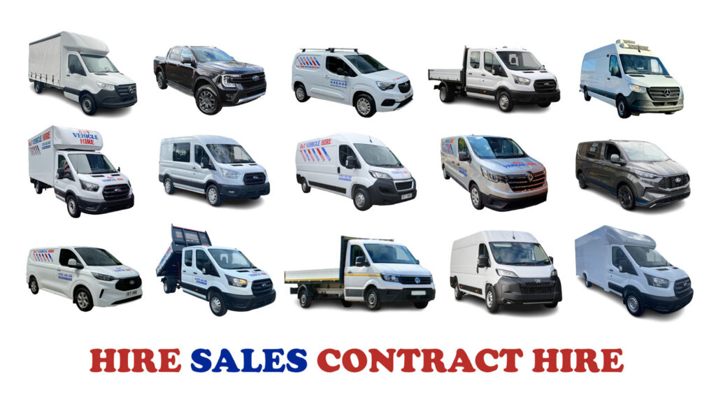 Hire, sales and contract hire image with a variety of different vans and utility vehicles in the background. Van hire Welwyn Garden City