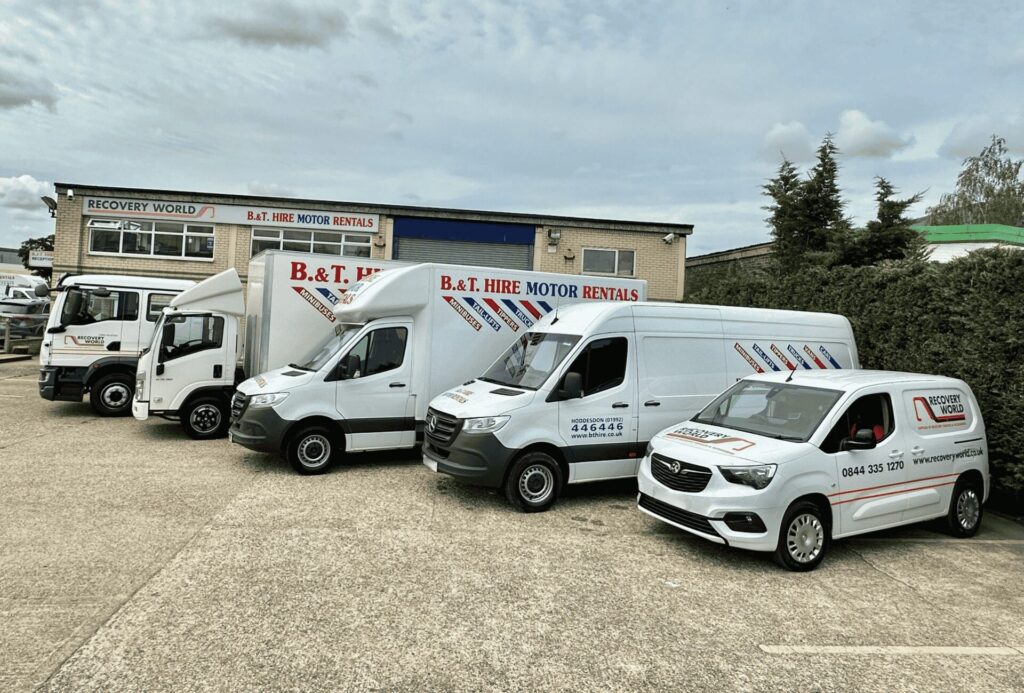A row of recovery trucks, HGVs and vans, available for contract hire through B&T Vehicle Hire